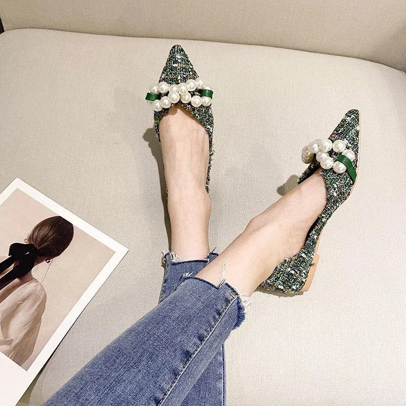 Flat Shoes for Women 2025 Spring Summer New Big Pearls Green White Women Flats Slip on Casual Loafers Zapatillas Mujer 44 45 46