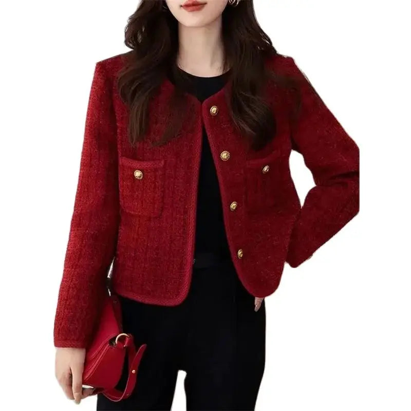 Women's Jacket 2024 Spring Autumn New Red Tweed Small Fragrance Coat Short Blazers Korean Fashion Elegant Female Tops Outerwear