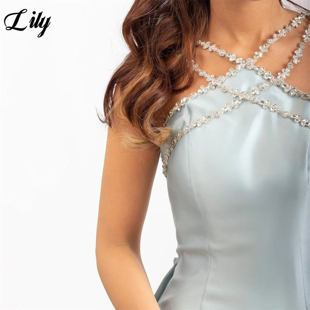 Lily Light Blue Prom Dress Shiny Beading Halter Party Dresses Stain  Sleeveless Celebrity Gowns with Detachable Tail Customized