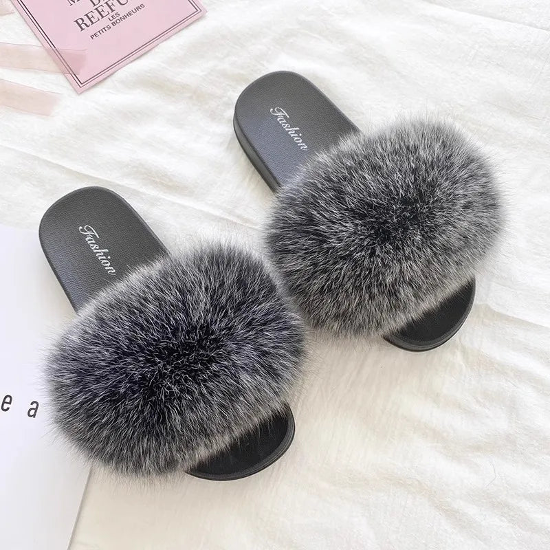 Fashion Lovely Real Fox Fur Slippers Women, Luxury Flat Sandals