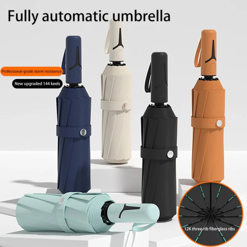 Extra Large Auto Open Close Umbrella Windproof Reverse Fold Sun Rain UV Protection Black Layer Sunshade for Outdoor Travel Use