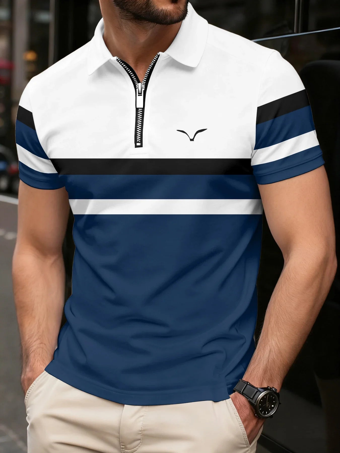 The men's polo shirt is a new summer fashion item. It is a casual and comfortable short-sleeved shirt with a logo print and coll