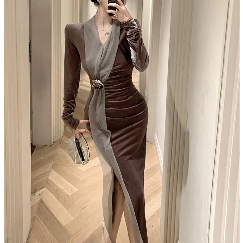 Women Vintage Velvet 3D Flower Ruched Sexy Split Elegant Party Dresses Y2K Winter V Neck Long Sleeve Bodycon Midi Dress Vestidos