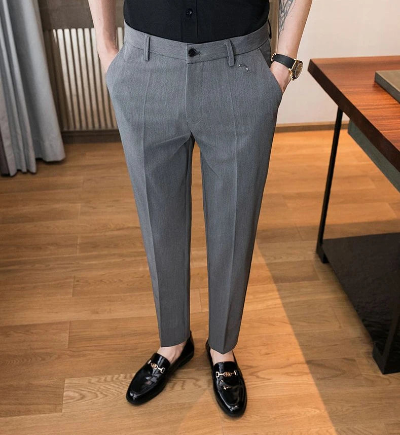 Trousers for Men Cropped Slim Fit Formal Work Casual Pants Man Dress Tailoring Baggy Polyester Slacks Korean Style Cotton Sale