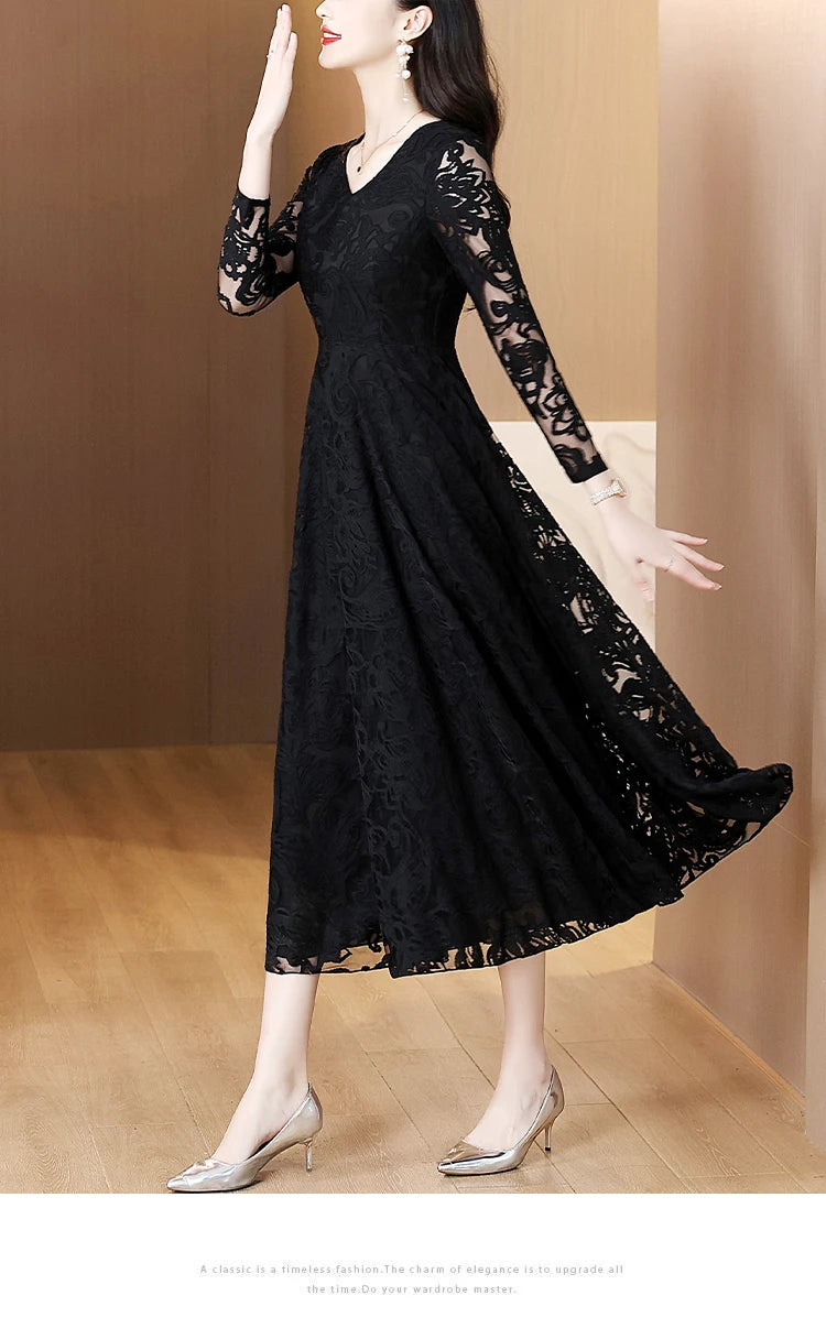 Women Vintage V-neck Lace Hollow Out Sexy Dress 2025 Elegant Bodycon Party Vestidos Spring Autumn Black Long Sleeve Midi Dresses