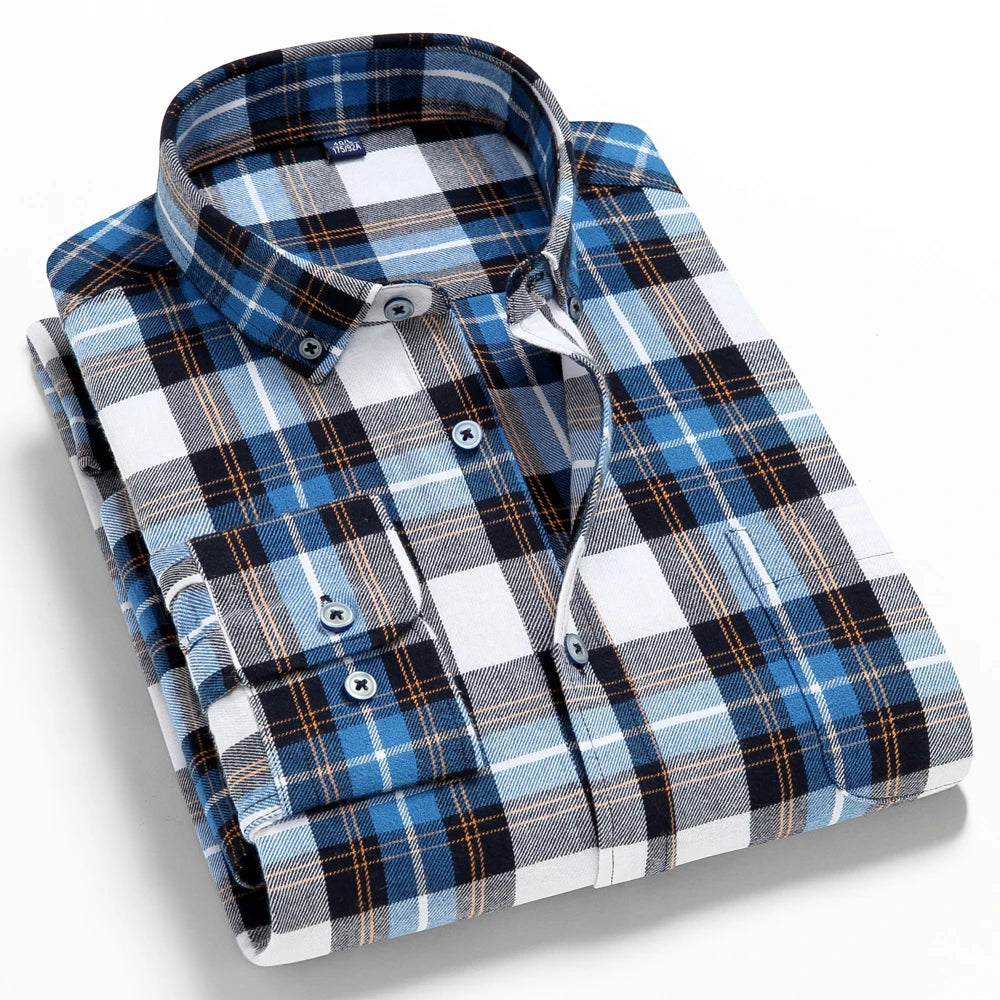 Men's Button Down Collar Contrast Plaid Pure Cotton Flannel Shirt with Left Chest Pocket Slim Fit Comfort Casual Brushed Shirts