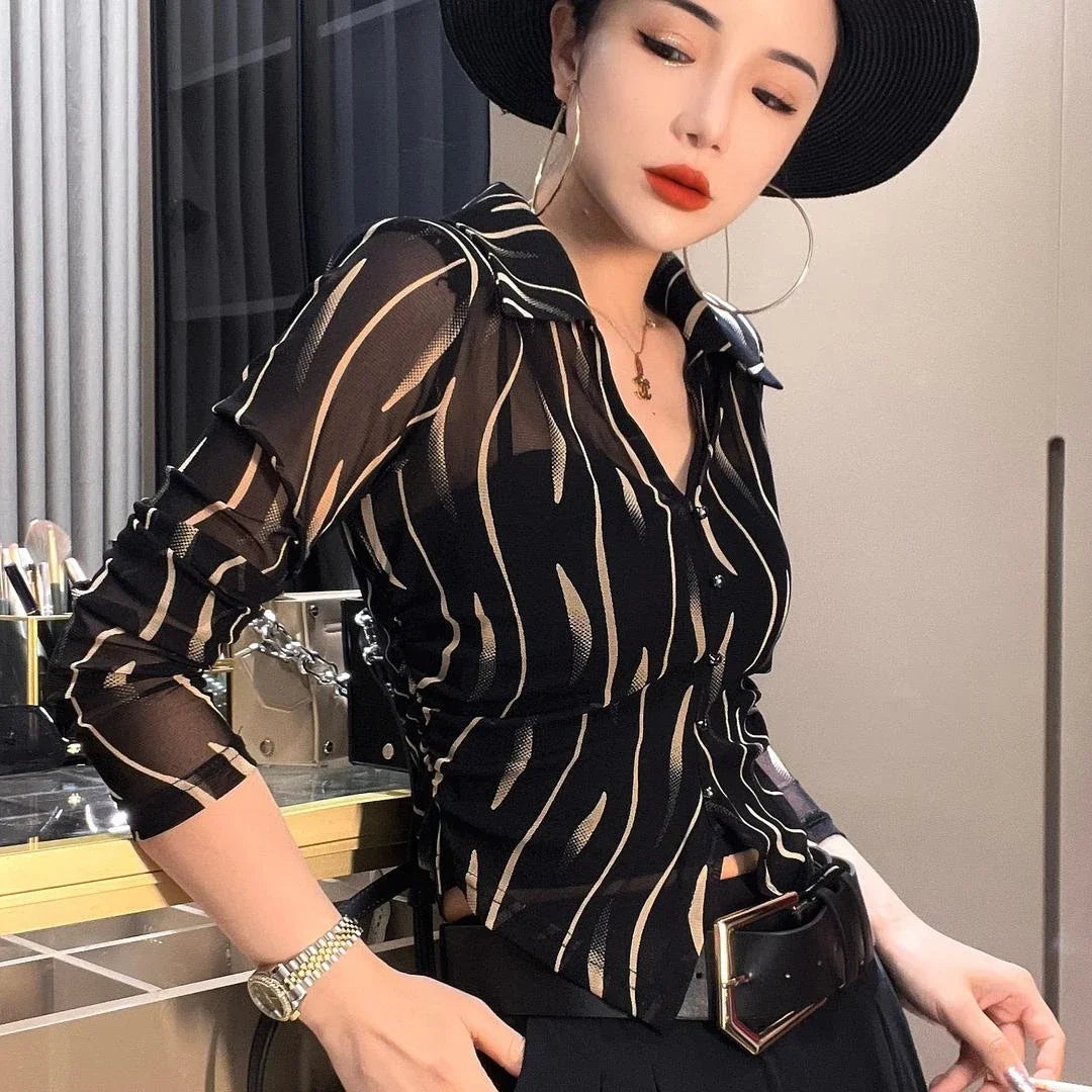 Striped Shirts & Blouses for Women Button Up Sexy Woman Top Beautiful in Promotions Novelty 2025 Elegant and Youthful M Clothes