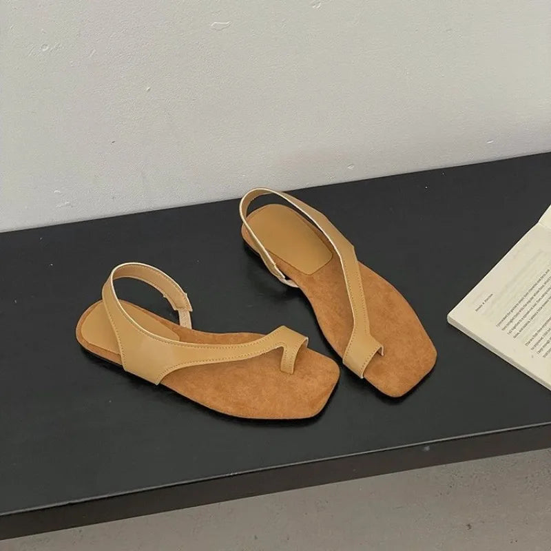 Women Flat Sandals Casual Soft Leather Suede Square Clip Toe Summer Shoes for Women Beach Party Daily Wear Sandalias Mujer