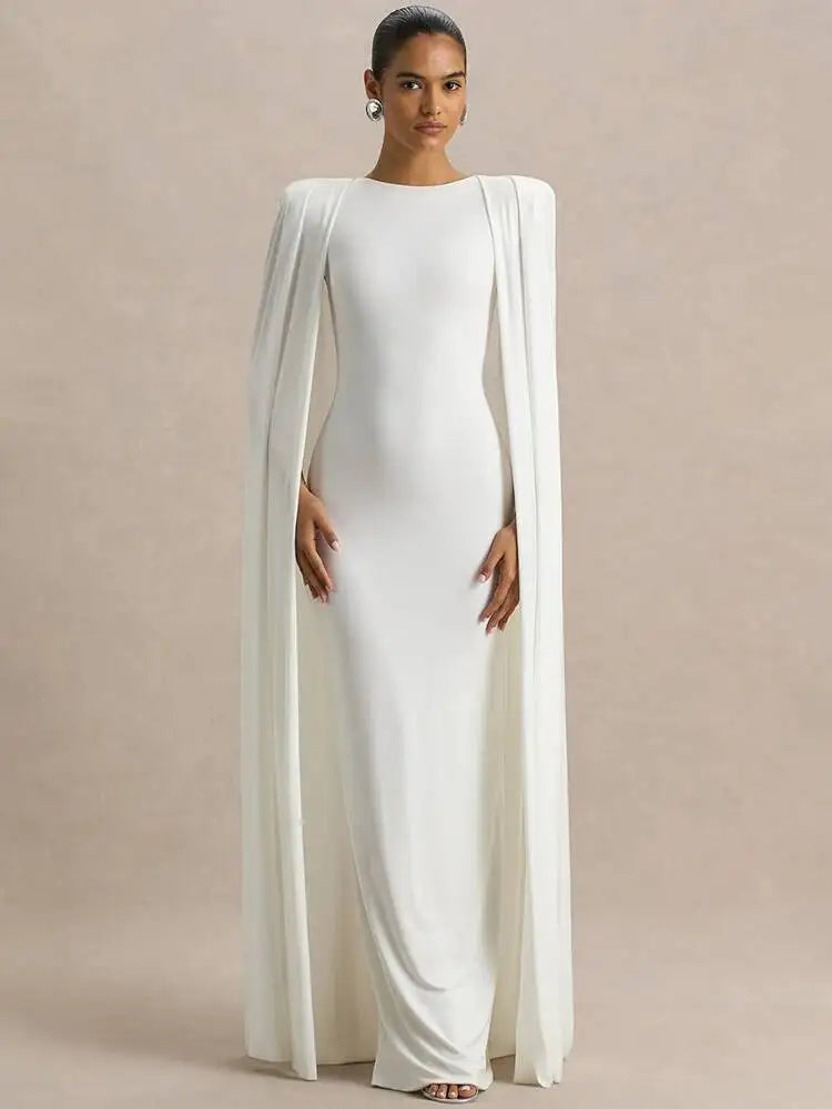 Blifanbo Sexy Cape Sleeve Maxi Dress Women Gown Fashion O Neck High Waist Split Zipper Club Party Long Dresses Female Elegant