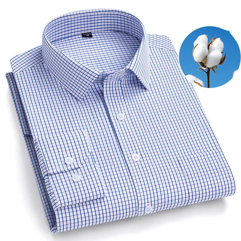 Men's Printed Plaid & Stripe Long Sleeve Casual Shirt — Single Pocket Business Formal Four Seasons