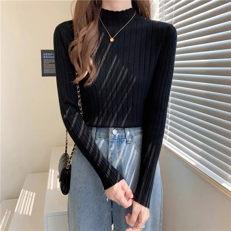 Woman Sweaters 2025 Autumn Winter Knitted Ribbed Turtleneck Sweater Women Clothes Long Sleeve Slim Basic Pullover Solid Tops
