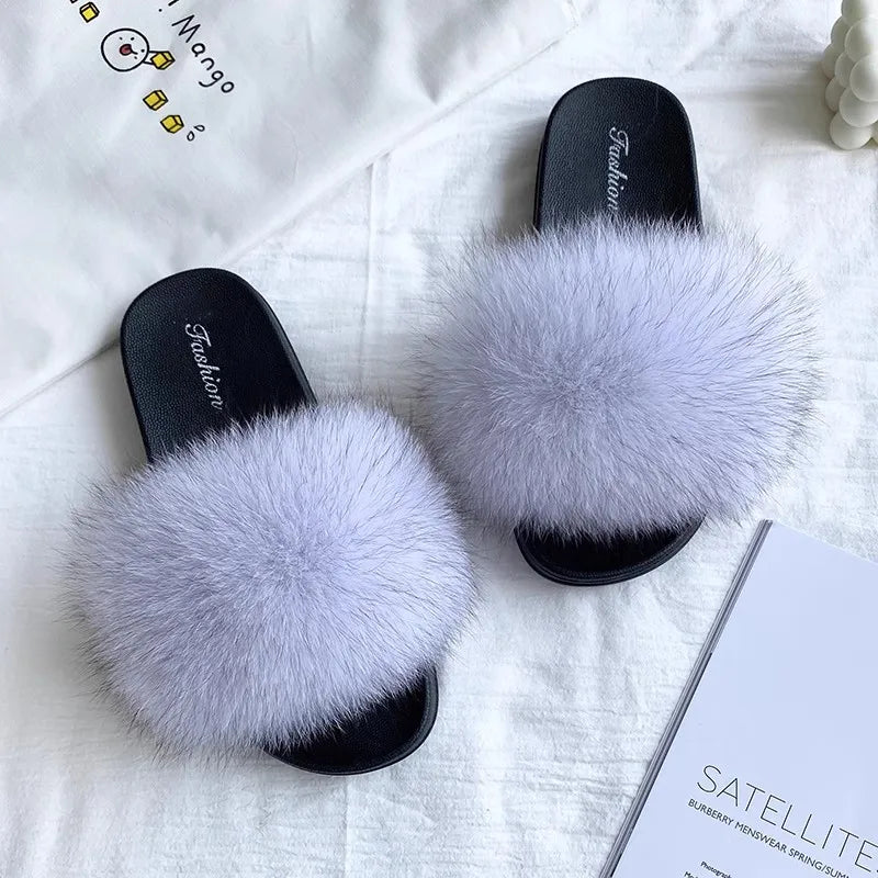 Fashion Lovely Real Fox Fur Slippers Women, Luxury Flat Sandals