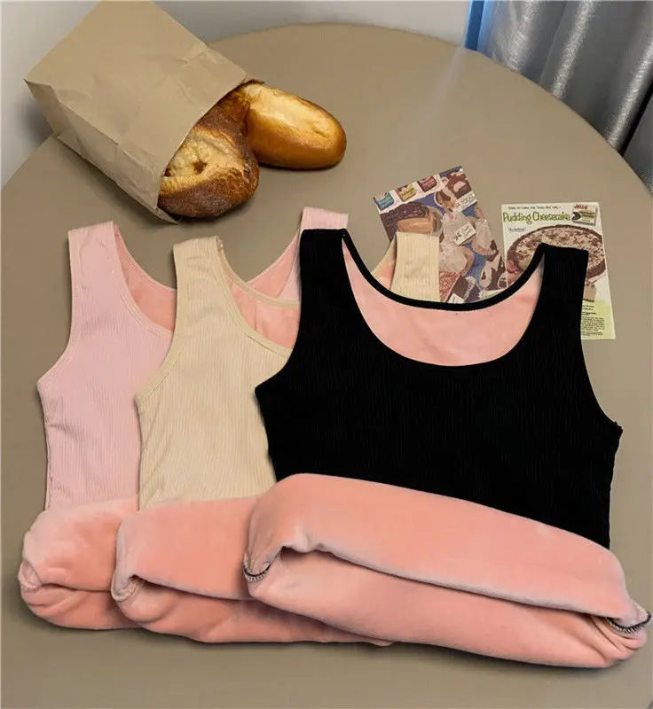 Women's Winter Thermal Underwear Top Seamless Plus Velvet Shirt Sleeveless Vest Warm Female Undershirt Solid Color Sexy Lingerie