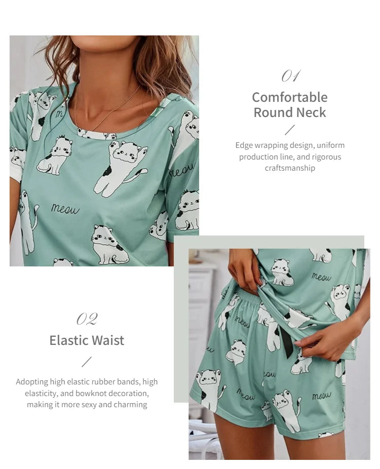 Women's Loungewear Casual Cute Print Nightwear Short Sleeve Crew Neck T-Shirt And Shorts Pajama Set Sleepwear Lounge Two Piece
