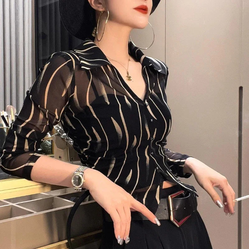 Striped Shirts & Blouses for Women Button Up Sexy Woman Top Beautiful in Promotions Novelty 2025 Elegant and Youthful M Clothes