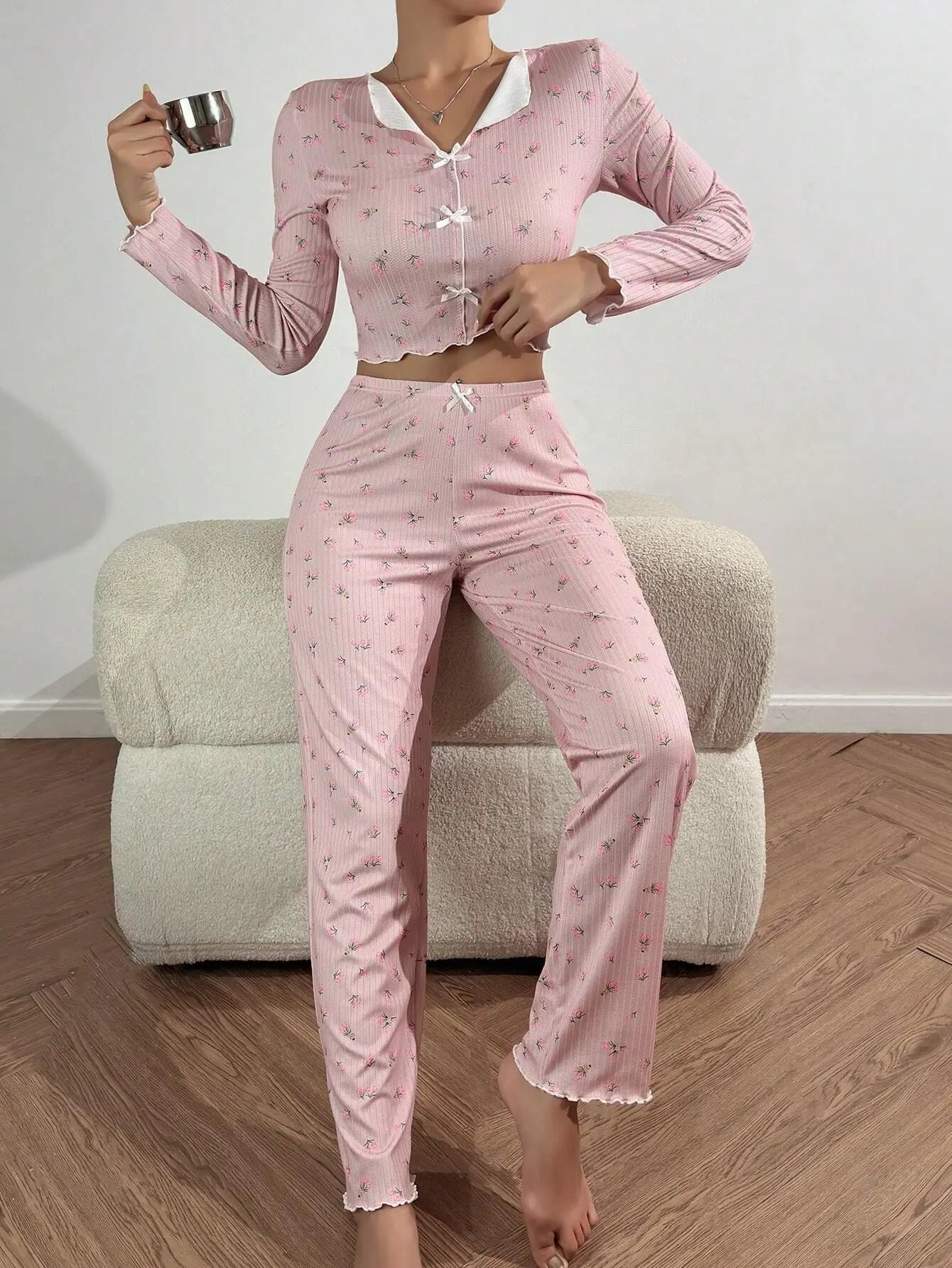 European and American hot-selling loungewear printed trousers long sleeves can be worn outside women's pajamas two-piece set