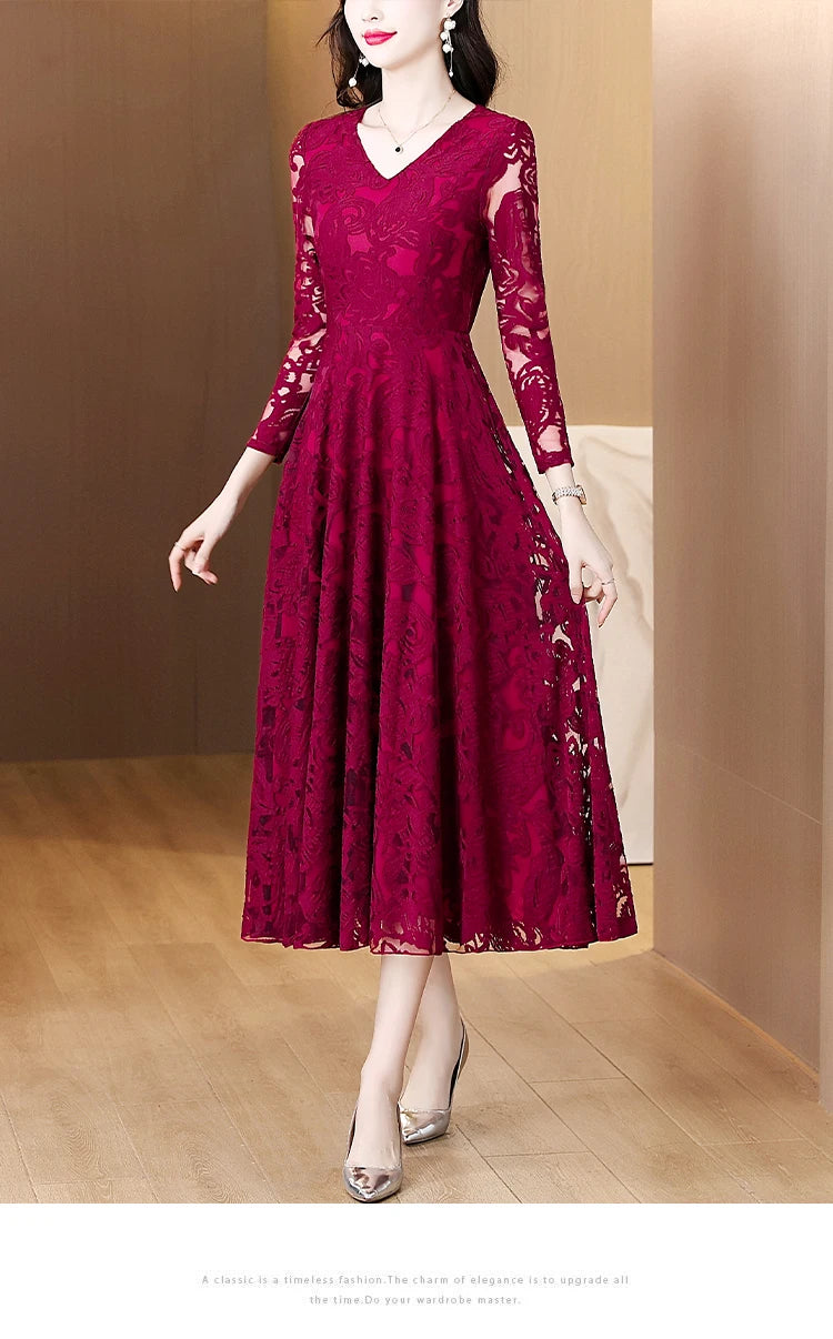 Women Vintage V-neck Lace Hollow Out Sexy Dress 2025 Elegant Bodycon Party Vestidos Spring Autumn Black Long Sleeve Midi Dresses