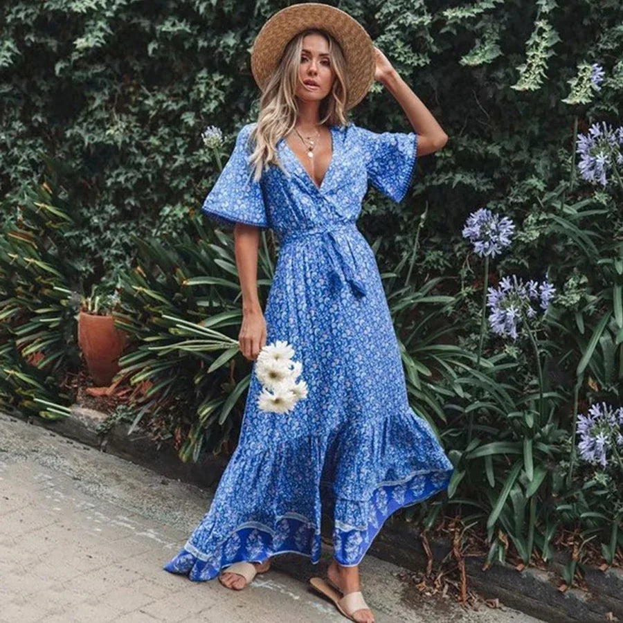 Maxi Dresses for women Cotton Rayon blue Floral print sexy deep v-ncek boho summer dresses loose Hippie long dress Vestidos
