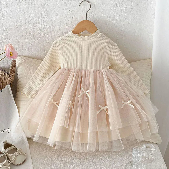 2025 New Spring Sister Dress 2-6Yrs Girl Party Dress Long Sleeved Cotton Mesh Splicing Kids Princess Dresses Children Clothes