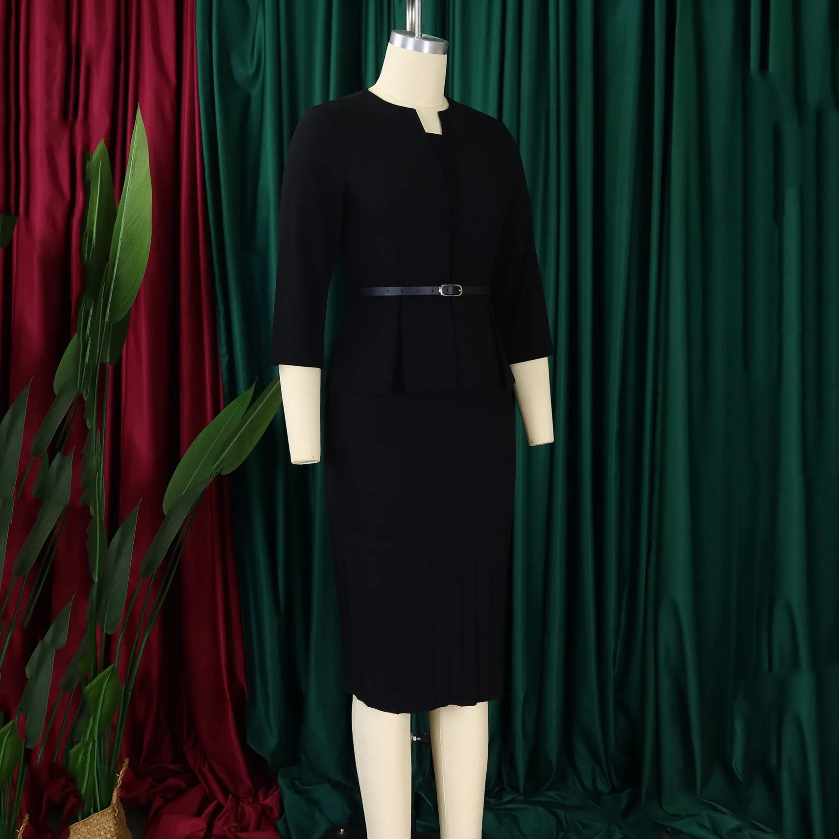 Elegant Office Dress for Women Professional 2024 New V Neck Three Quarter Sleeve Belt Waisted Mid Calf Formal Business Work Robe