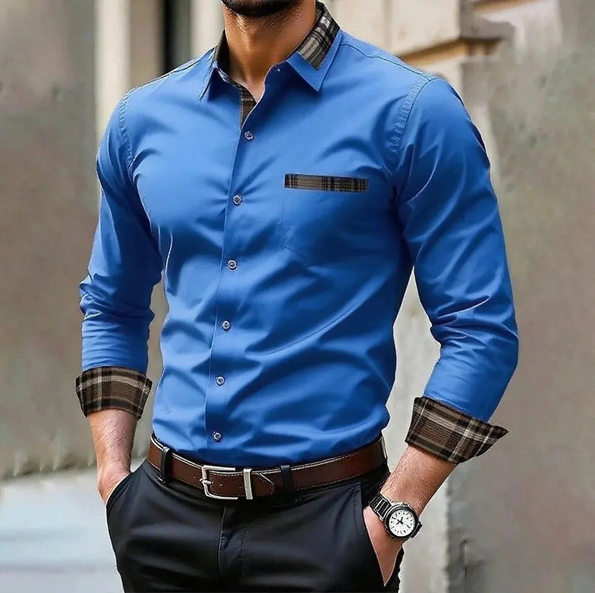 Men's Silk-Blend Plaid Long Sleeve Dress Shirt — 12 Colours Formal Casual Wedding