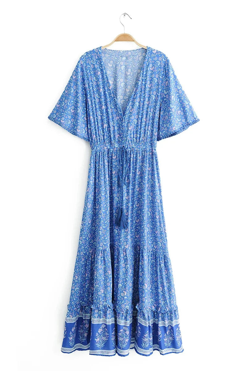 Maxi Dresses for women Cotton Rayon blue Floral print sexy deep v-ncek boho summer dresses loose Hippie long dress Vestidos
