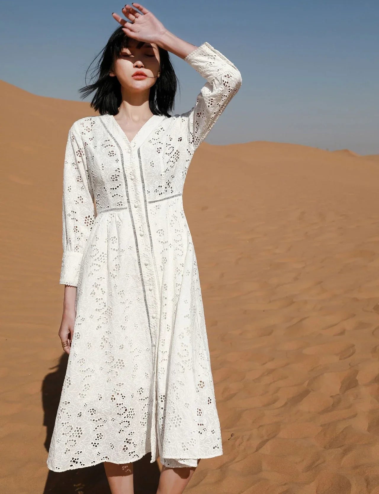 Long Sleeve Lace Dress For Women Robe Vintage V-neck Hollow Out Boho Floral Embroidery Elegant Dresses Ladies Party Vestidos