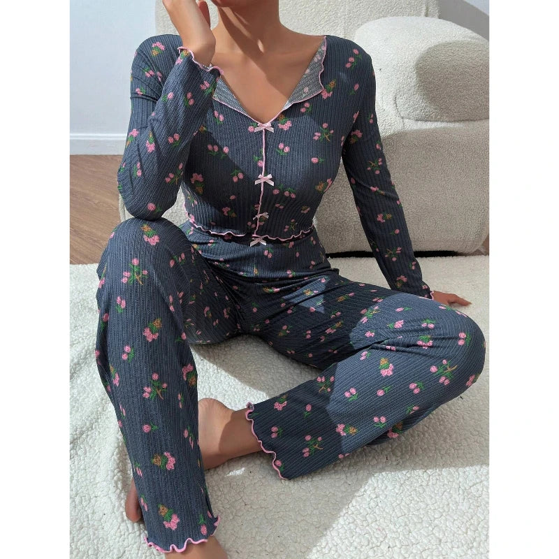 Autumn Winter Floral Print Pajamas Set for Women Sleepwear Long Sleeve Top and Long Pants 2 Piece Casual Homewear Loungewear