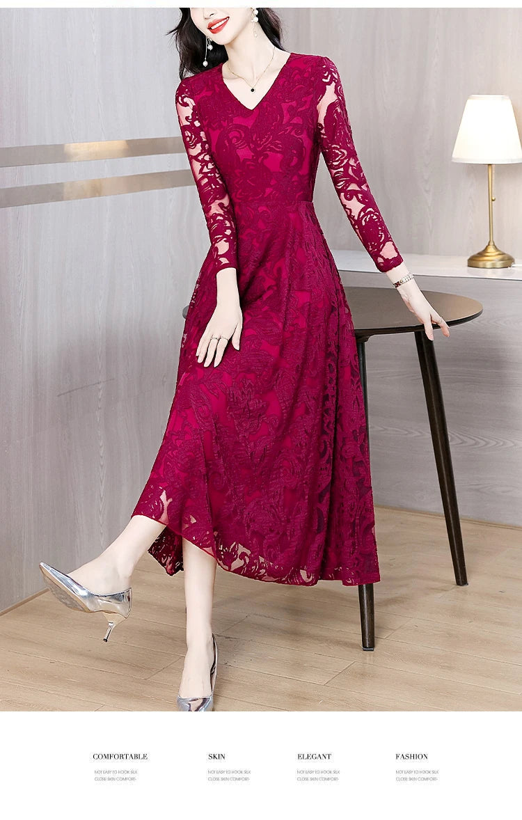 Women Vintage V-neck Lace Hollow Out Sexy Dress 2025 Elegant Bodycon Party Vestidos Spring Autumn Black Long Sleeve Midi Dresses