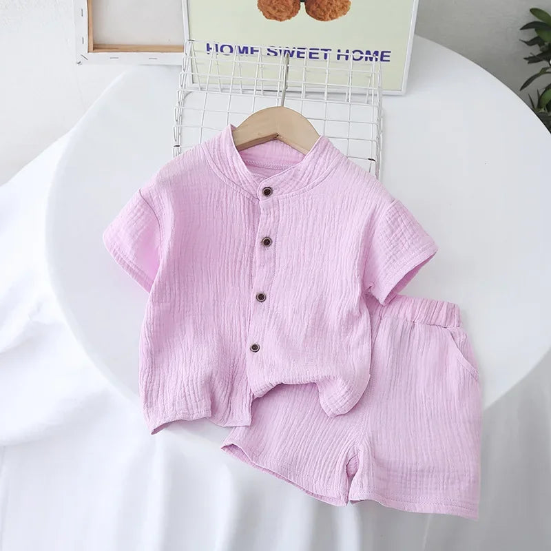 Baby Toddler 2Pcs Cotton Gauze Pajamas Set Short Sleeve Round Neck Sleepwear Soft Breathable Boys Girls 0-5Y Beach Clothes