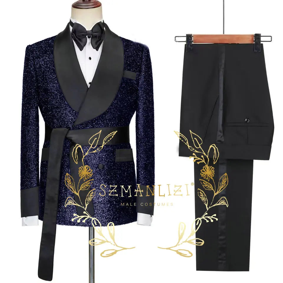 2026 Tailor-Made Shiny Black Groom Tuxedo Double Breasted Men Suit Prom Wedding Party Mens Suits Costume ( jacket+Pants+Belt)