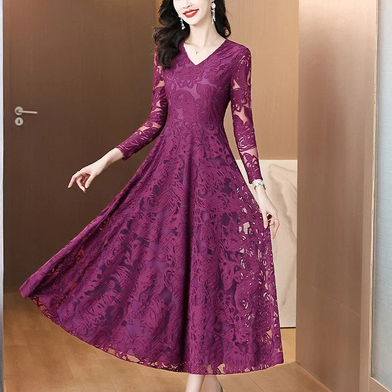 Women Vintage V-neck Lace Hollow Out Sexy Dress 2025 Elegant Bodycon Party Vestidos Spring Autumn Black Long Sleeve Midi Dresses