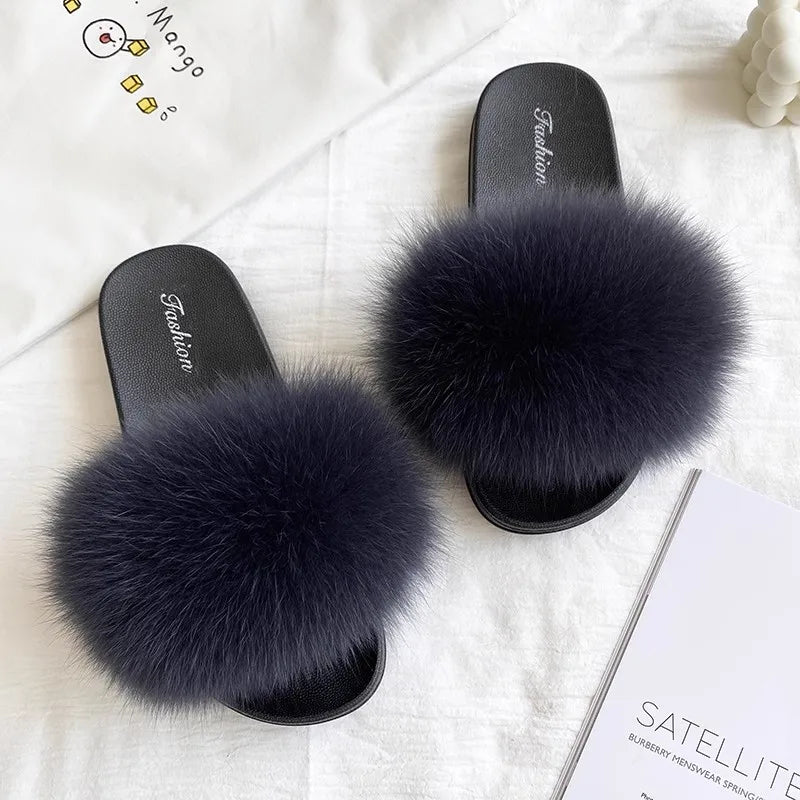 Fashion Lovely Real Fox Fur Slippers Women, Luxury Flat Sandals