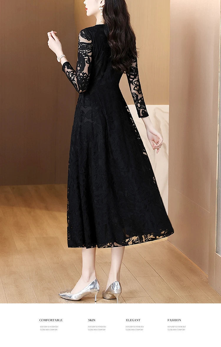 Women Vintage V-neck Lace Hollow Out Sexy Dress 2025 Elegant Bodycon Party Vestidos Spring Autumn Black Long Sleeve Midi Dresses