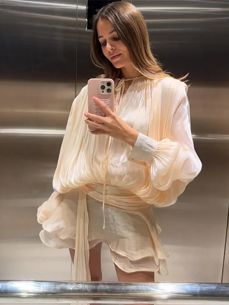 Elegant Shiny Pleated Mini Dress Women Lantern Sleeve Lace Up V Neck Vestidos 2026 Lady Spring New Evening Party Vacation Robes