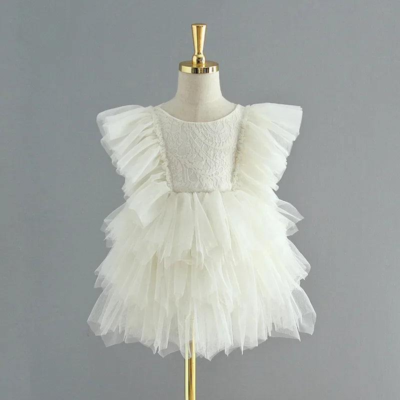 Backless Ruffles Lace Flare Sleeves Layered Princess Party Dresses