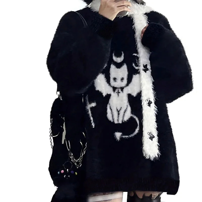 Harajuku Gothic Casual Oversized Knitted Jumpers Grunge Cartoon Sweater Fashion Knitwear Y2k Aesthetic Balack Loose Pullover