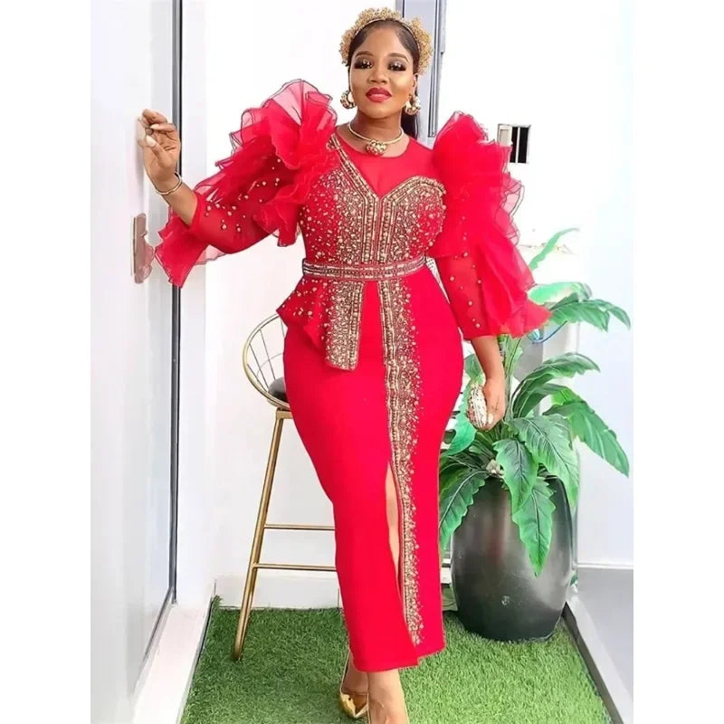 Customized Luxury Vintage Dresses For Women Wedding Party Prom Evening Gown Long Sleeve Dress Dashiki Beaded Robe Turkey African