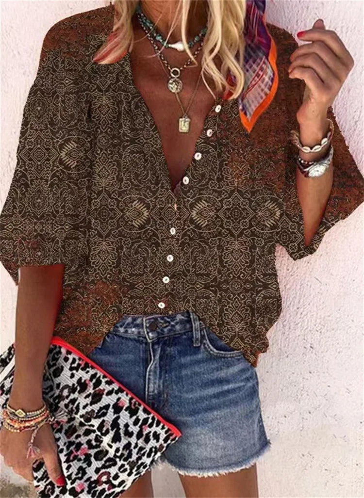2024 New Women's Shirts & Blouses Fashion Vintage Printed Casual Vacation Bohemian Style Lady Single-breasted Shirt Streetwear