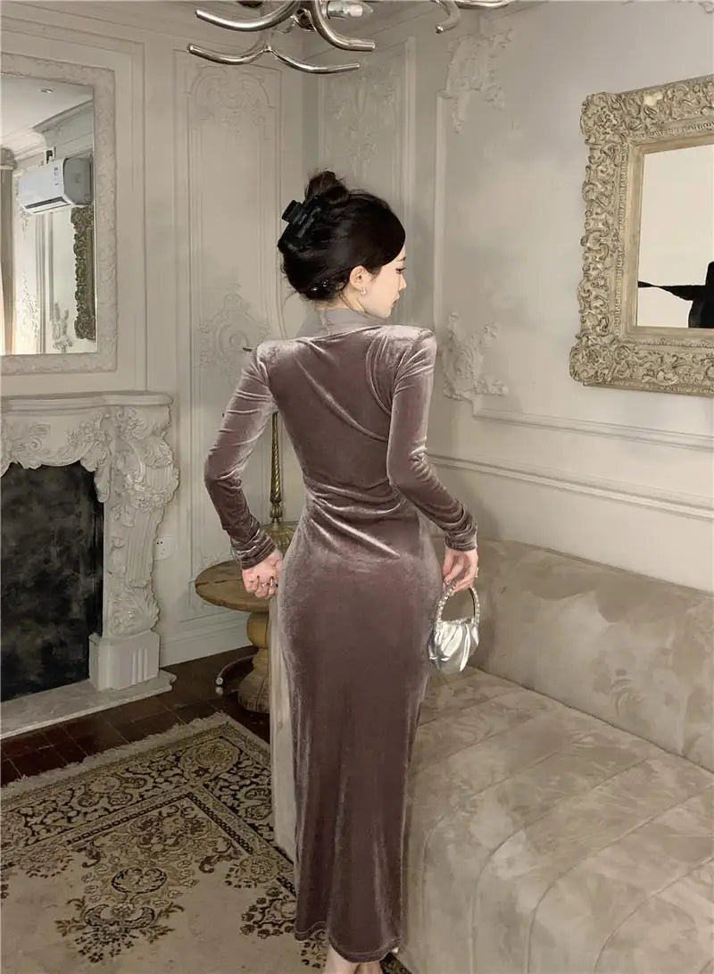 Women Vintage Velvet 3D Flower Ruched Sexy Split Elegant Party Dresses Y2K Winter V Neck Long Sleeve Bodycon Midi Dress Vestidos