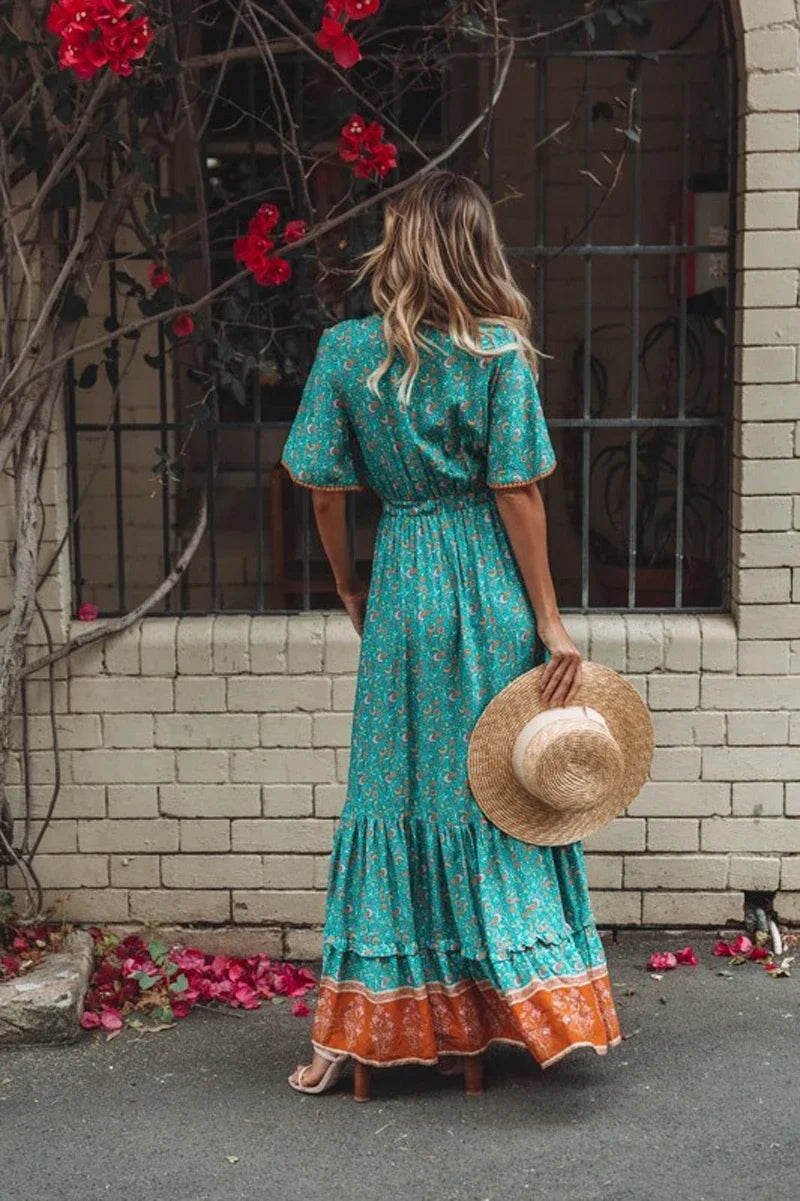 Maxi Dresses for women Cotton Rayon blue Floral print sexy deep v-ncek boho summer dresses loose Hippie long dress Vestidos