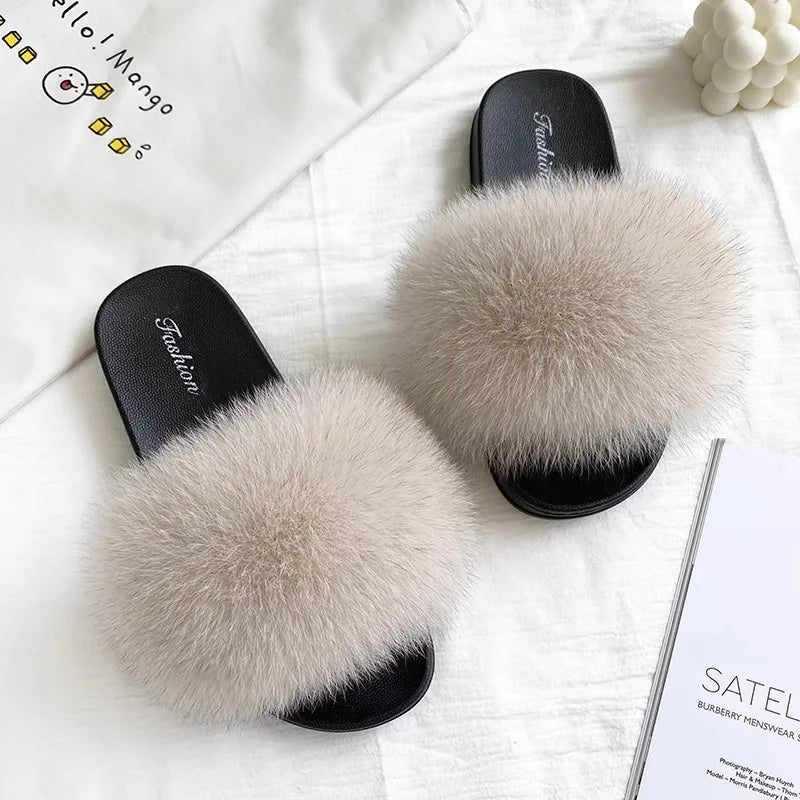 Fashion Lovely Real Fox Fur Slippers Women, Luxury Flat Sandals