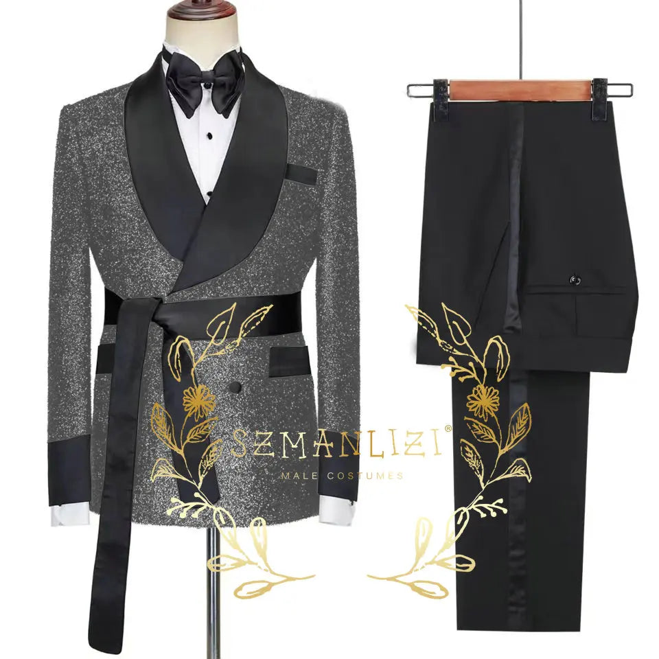 2026 Tailor-Made Shiny Black Groom Tuxedo Double Breasted Men Suit Prom Wedding Party Mens Suits Costume ( jacket+Pants+Belt)