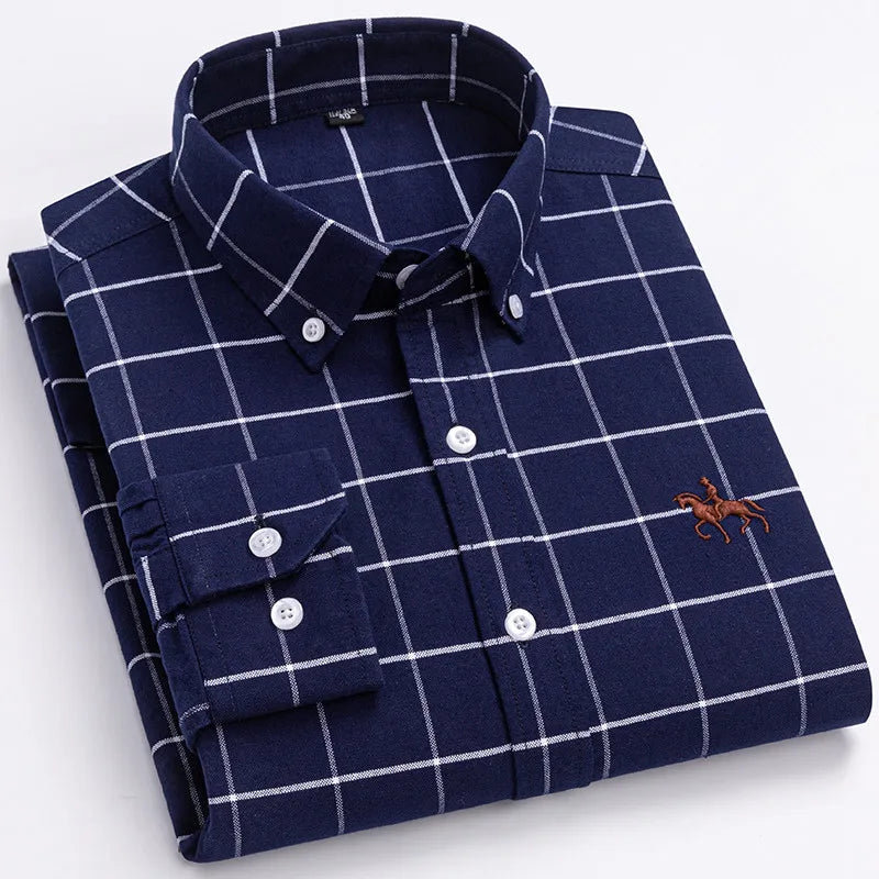Men's 100% Cotton Oxford Washed Long Sleeve Dress Shirt — Embroidered Business Casual