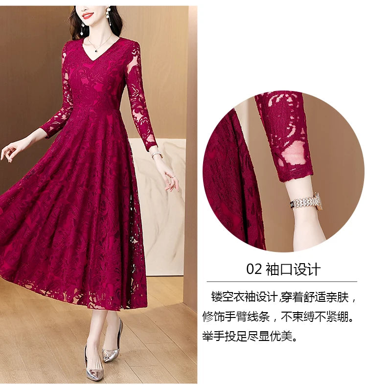 Women Vintage V-neck Lace Hollow Out Sexy Dress 2025 Elegant Bodycon Party Vestidos Spring Autumn Black Long Sleeve Midi Dresses