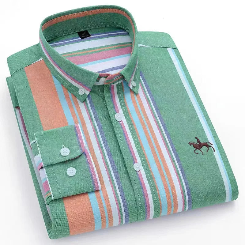 Men's 100% Cotton Oxford Washed Long Sleeve Dress Shirt — Embroidered Business Casual