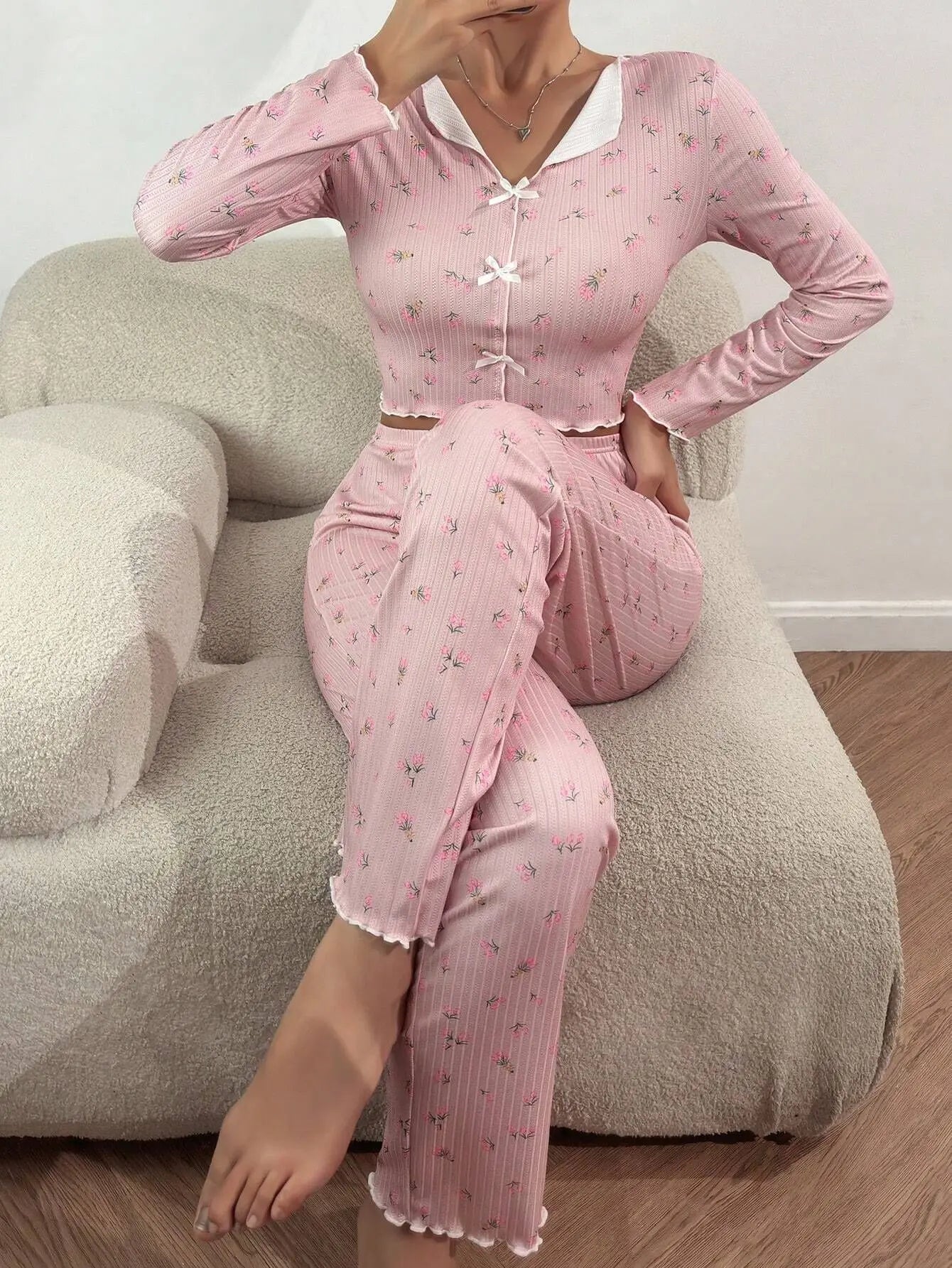 European and American hot-selling loungewear printed trousers long sleeves can be worn outside women's pajamas two-piece set