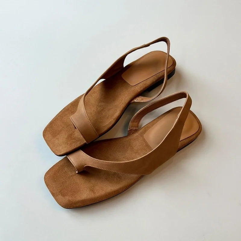 Women Flat Sandals Casual Soft Leather Suede Square Clip Toe Summer Shoes for Women Beach Party Daily Wear Sandalias Mujer