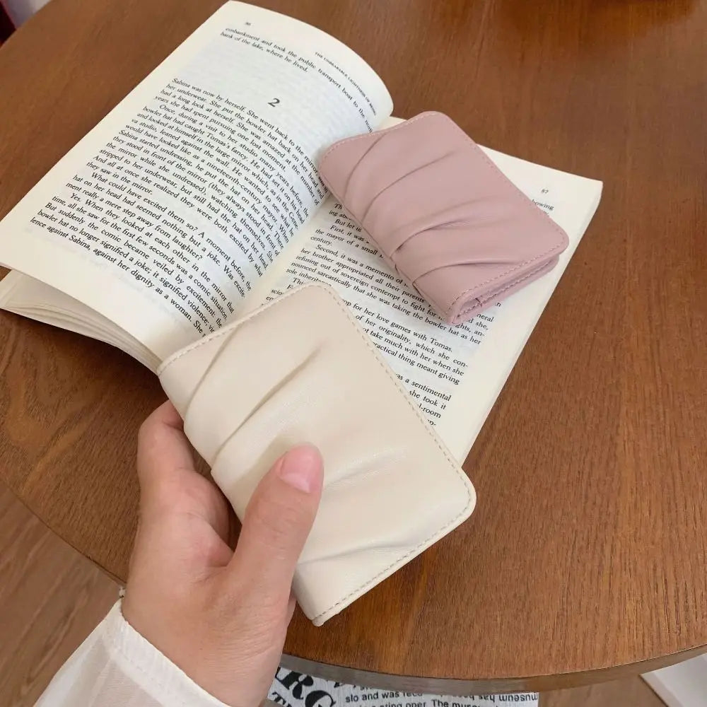 Elegant Foldable Wallet Multiple Card Slots PU Leather Mini Coin Purse Versatile Solid Color Wrinkled Card Holder Girls