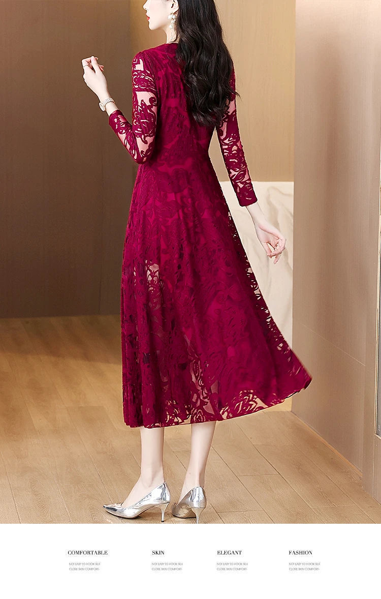 Women Vintage V-neck Lace Hollow Out Sexy Dress 2025 Elegant Bodycon Party Vestidos Spring Autumn Black Long Sleeve Midi Dresses